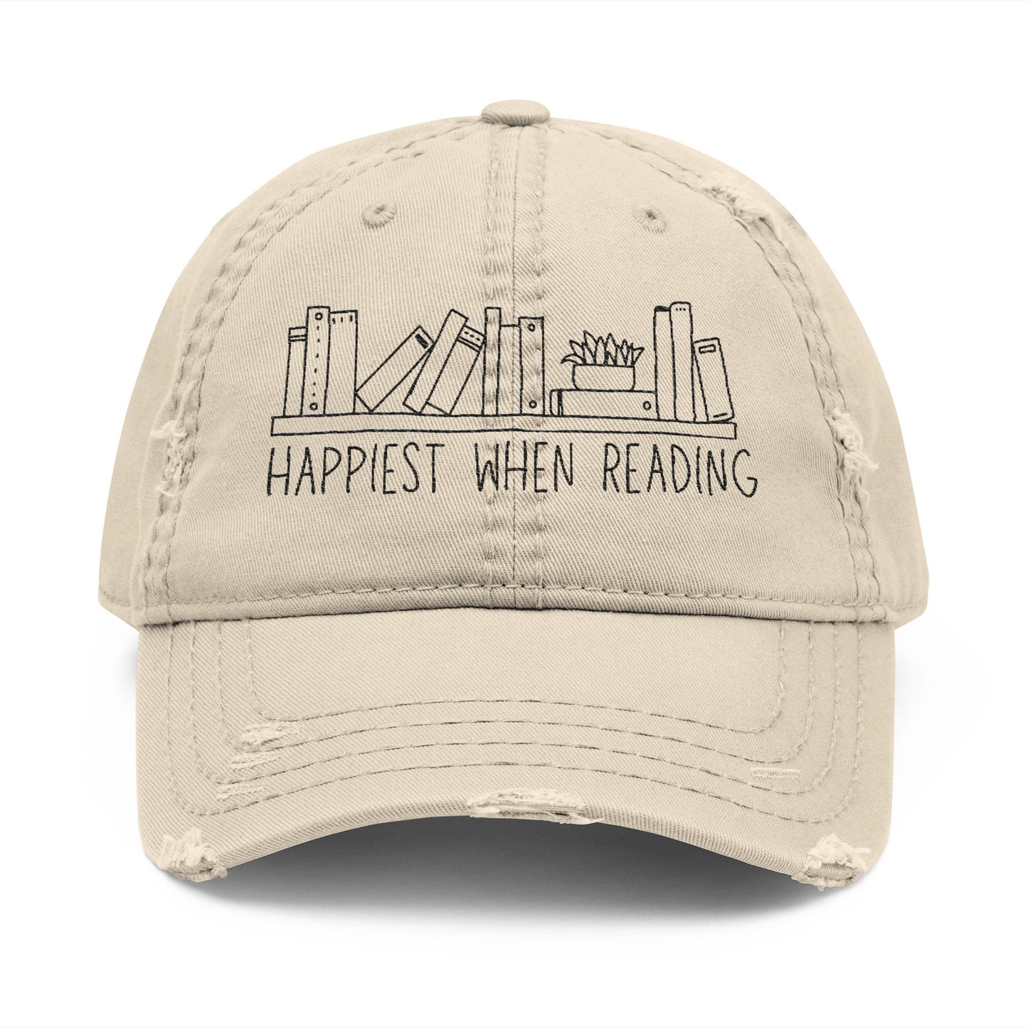 Happiest When Reading Distressed Embroidered Hat