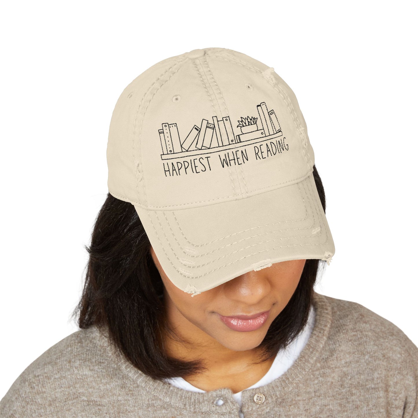 Happiest When Reading Distressed Embroidered Hat