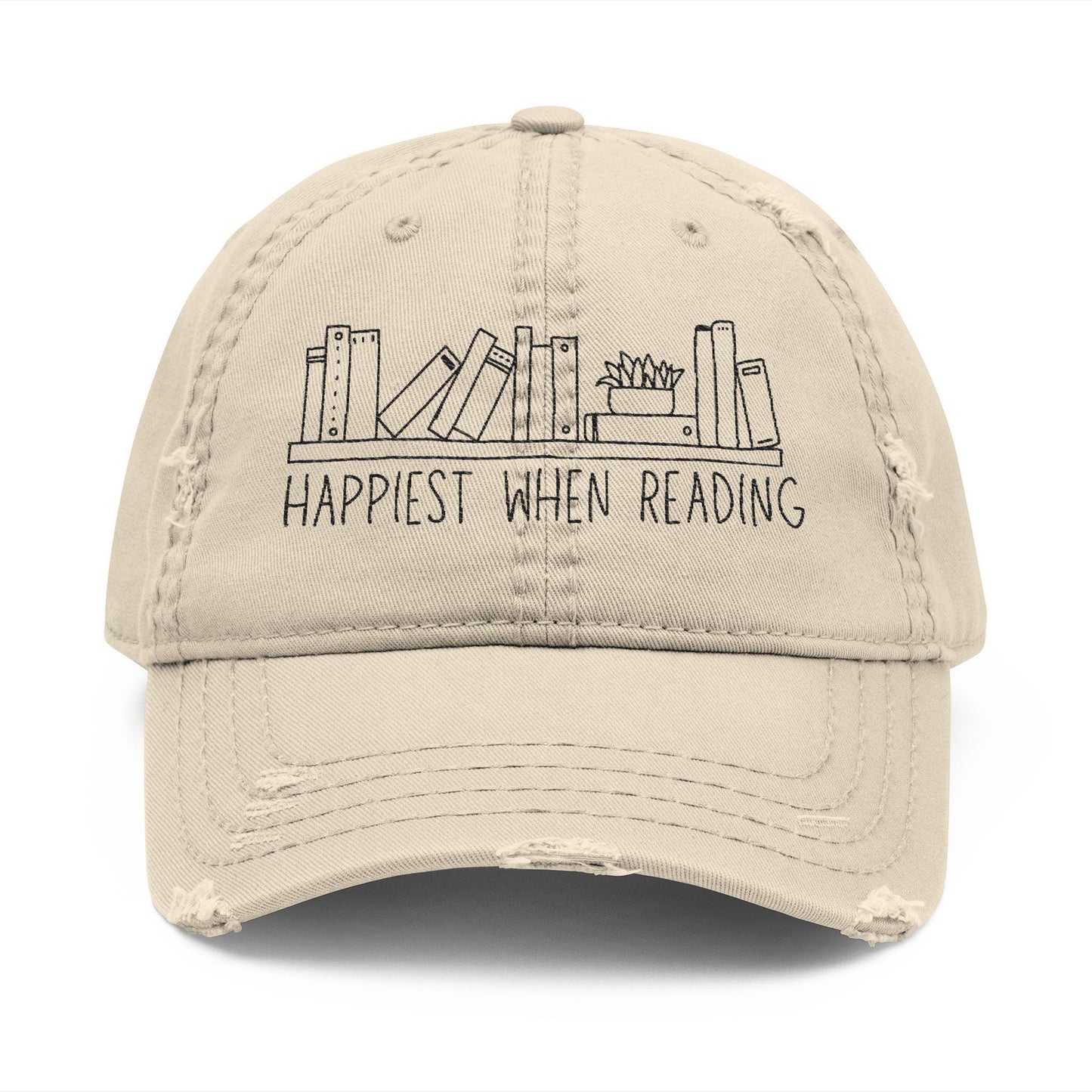 Happiest When Reading Distressed Dad Hat (Embroidery)