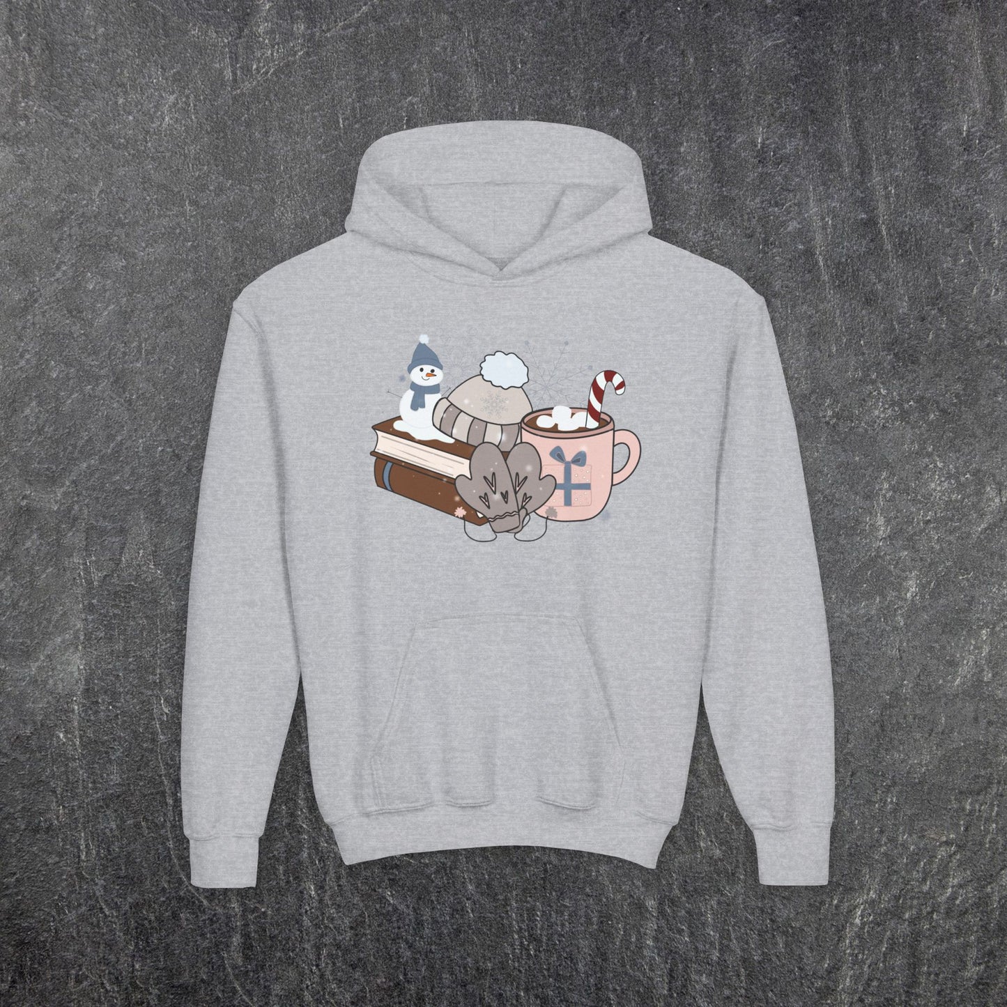 Cozy Winter Bookstack  Youth Heavy Blend Hooded Sweatshirt