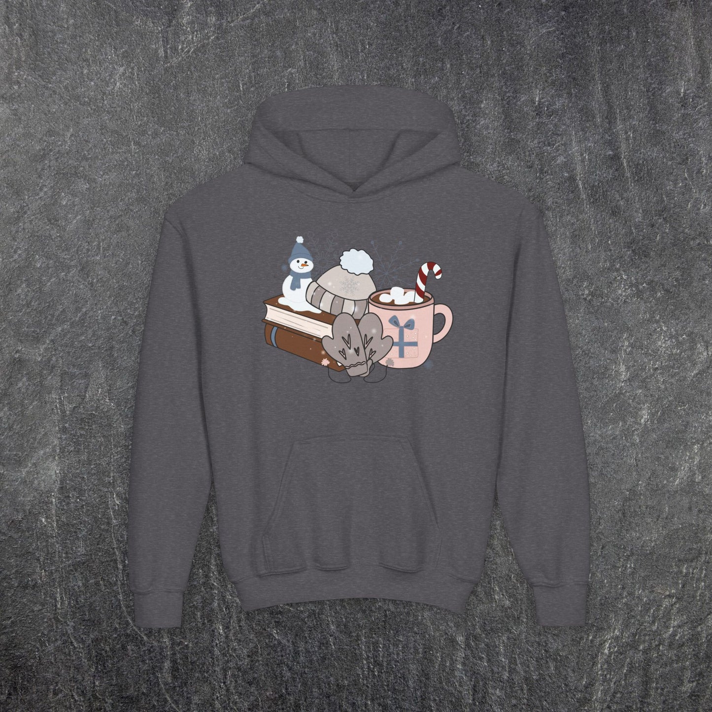 Cozy Winter Bookstack  Youth Heavy Blend Hooded Sweatshirt