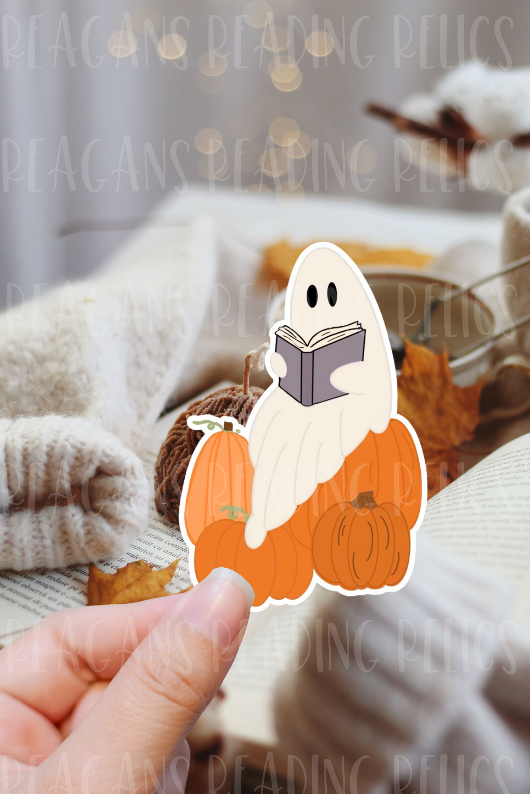 Ghost reading on pumpkins